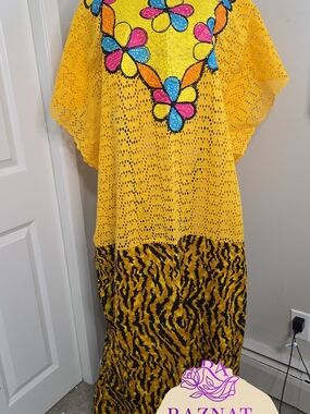 Bright Yellow Embroidered Floral Crochet Caftan